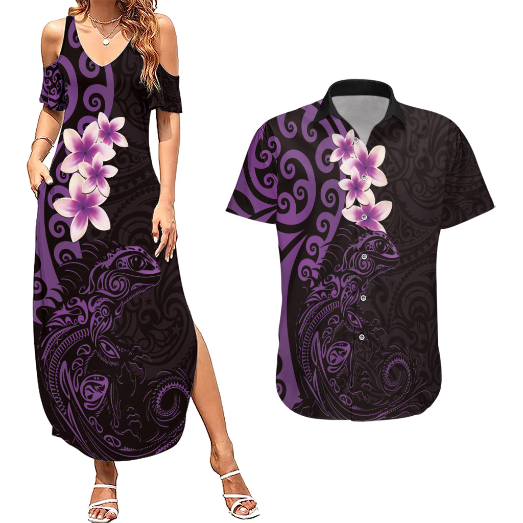 New Zealand Tuatara Plumeria Couples Matching Summer Maxi Dress and Hawaiian Shirt Maori Purple Koru Tribal Tattoo LT01 Purple - Polynesian Pride