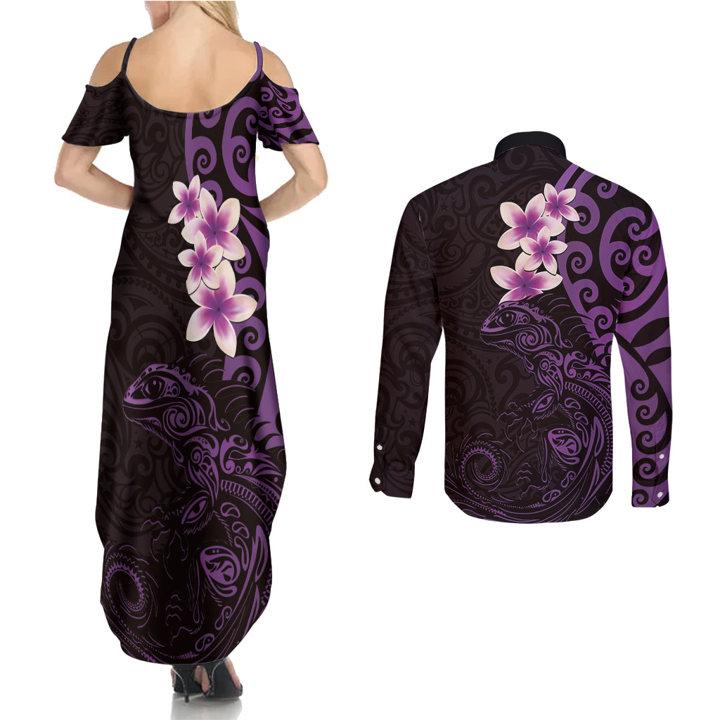 New Zealand Tuatara Plumeria Couples Matching Summer Maxi Dress and Long Sleeve Button Shirt Maori Purple Koru Tribal Tattoo LT01 - Polynesian Pride
