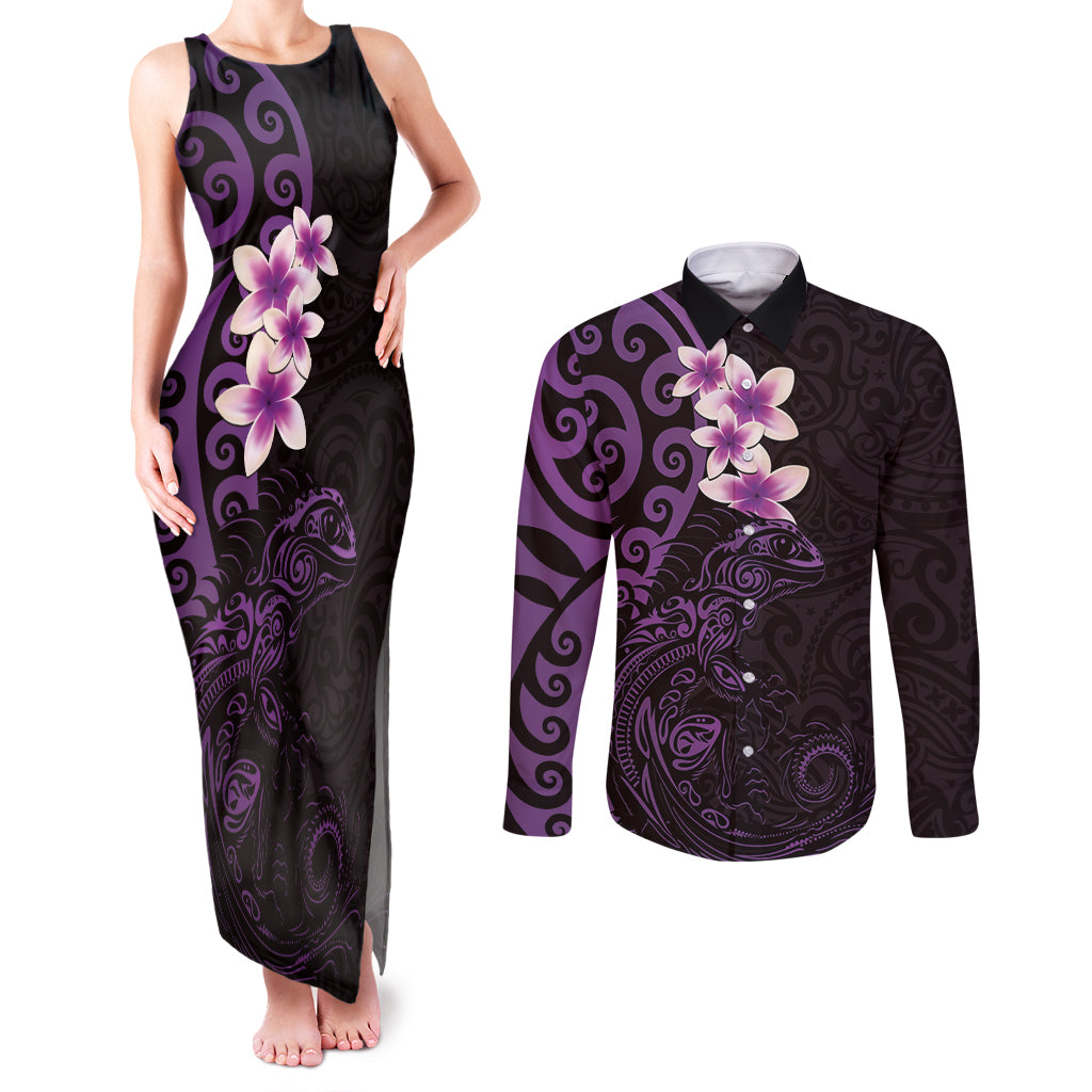 New Zealand Tuatara Plumeria Couples Matching Tank Maxi Dress and Long Sleeve Button Shirt Maori Purple Koru Tribal Tattoo LT01 Purple - Polynesian Pride