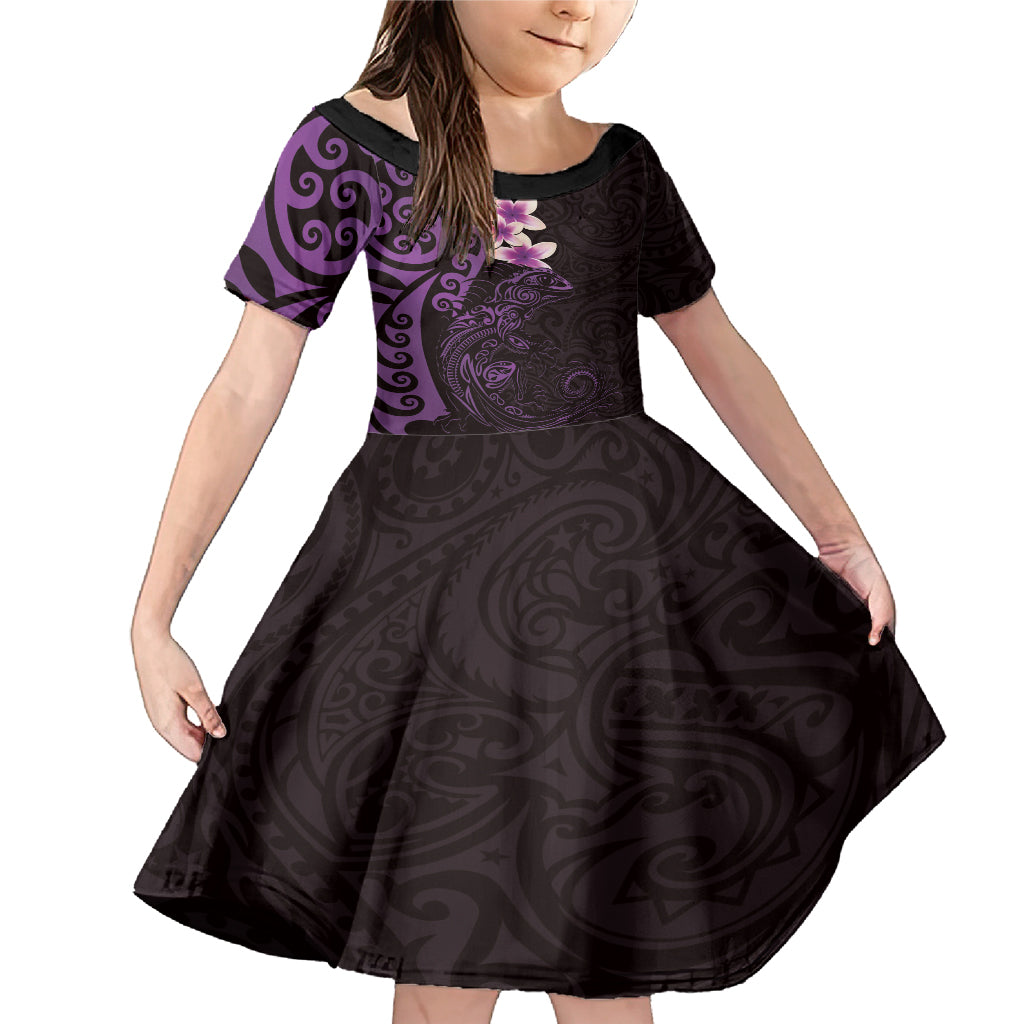 New Zealand Tuatara Plumeria Family Matching Mermaid Dress and Hawaiian Shirt Maori Purple Koru Tribal Tattoo LT01 Daughter's Dress Purple - Polynesian Pride