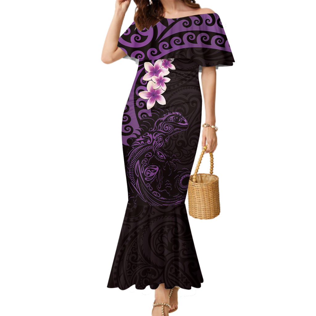 New Zealand Tuatara Plumeria Family Matching Mermaid Dress and Hawaiian Shirt Maori Purple Koru Tribal Tattoo LT01 Mom's Dress Purple - Polynesian Pride
