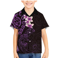 New Zealand Tuatara Plumeria Family Matching Mermaid Dress and Hawaiian Shirt Maori Purple Koru Tribal Tattoo LT01 Son's Shirt Purple - Polynesian Pride