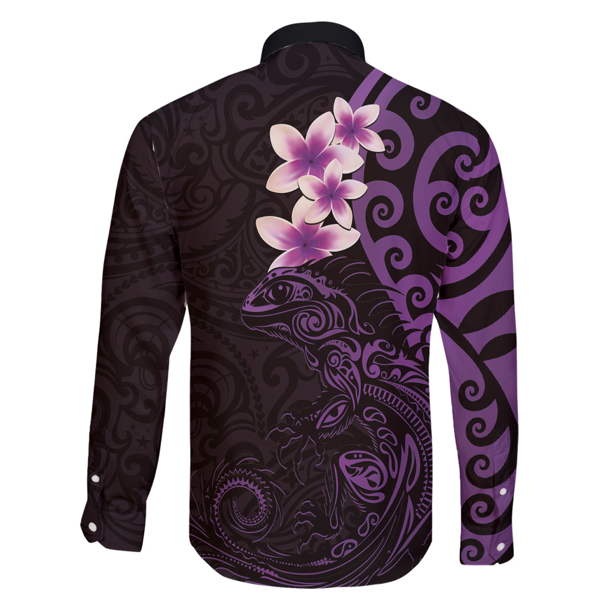 New Zealand Tuatara Plumeria Family Matching Off The Shoulder Long Sleeve Dress and Hawaiian Shirt Maori Purple Koru Tribal Tattoo LT01 - Polynesian Pride
