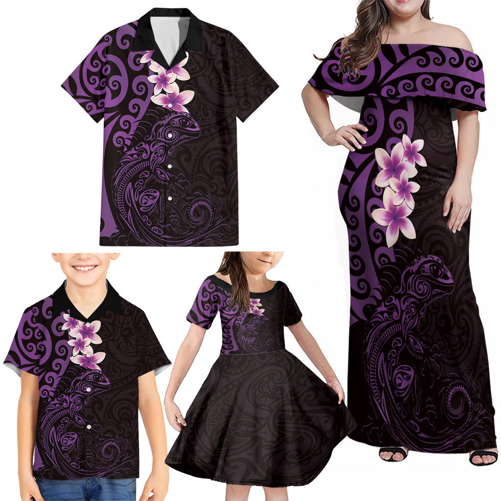 New Zealand Tuatara Plumeria Family Matching Off Shoulder Maxi Dress and Hawaiian Shirt Maori Purple Koru Tribal Tattoo LT01 - Polynesian Pride