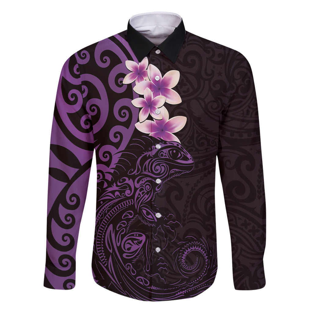 New Zealand Tuatara Plumeria Family Matching Off Shoulder Maxi Dress and Hawaiian Shirt Maori Purple Koru Tribal Tattoo LT01 Dad's Shirt - Long Sleeve Purple - Polynesian Pride