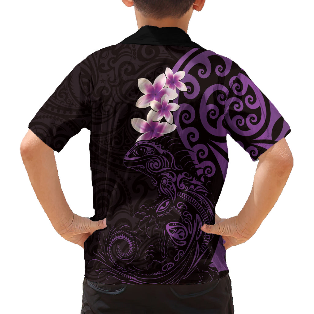 New Zealand Tuatara Plumeria Family Matching Off Shoulder Short Dress and Hawaiian Shirt Maori Purple Koru Tribal Tattoo LT01 - Polynesian Pride