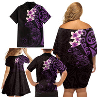 New Zealand Tuatara Plumeria Family Matching Off Shoulder Short Dress and Hawaiian Shirt Maori Purple Koru Tribal Tattoo LT01 - Polynesian Pride