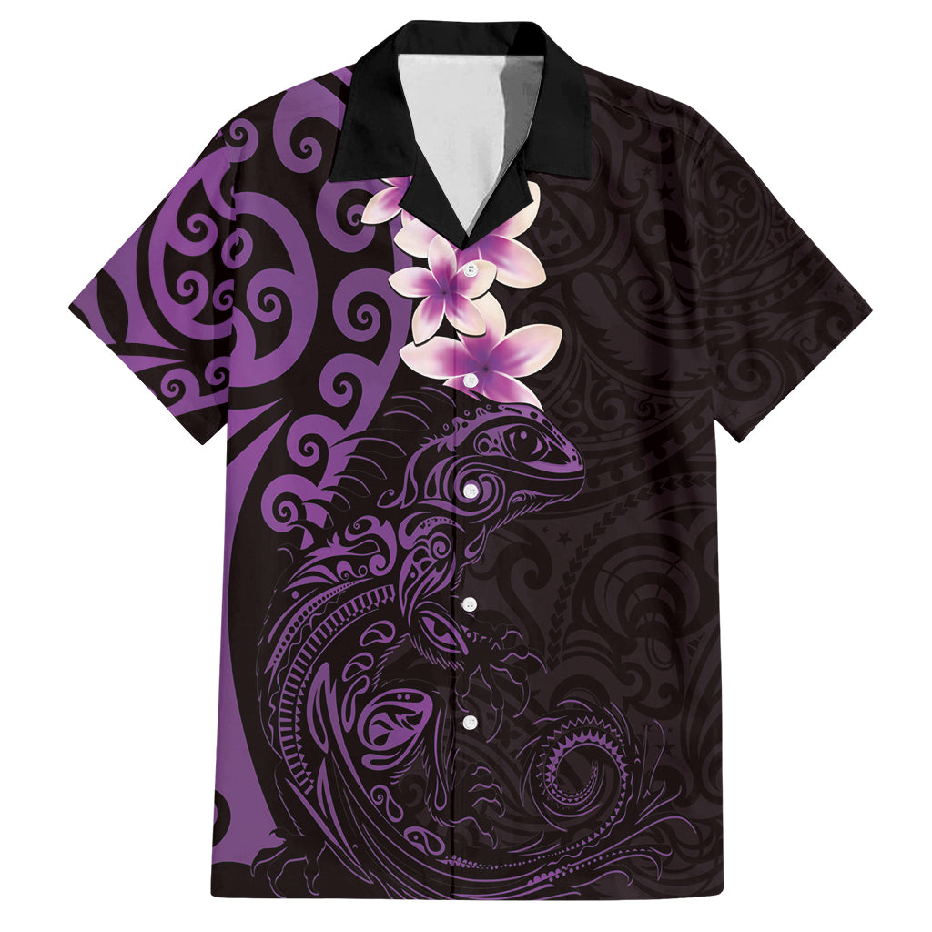 New Zealand Tuatara Plumeria Family Matching Off Shoulder Short Dress and Hawaiian Shirt Maori Purple Koru Tribal Tattoo LT01 Dad's Shirt - Short Sleeve Purple - Polynesian Pride