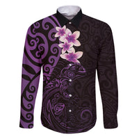 New Zealand Tuatara Plumeria Family Matching Puletasi and Hawaiian Shirt Maori Purple Koru Tribal Tattoo LT01 Dad's Shirt - Long Sleeve Purple - Polynesian Pride
