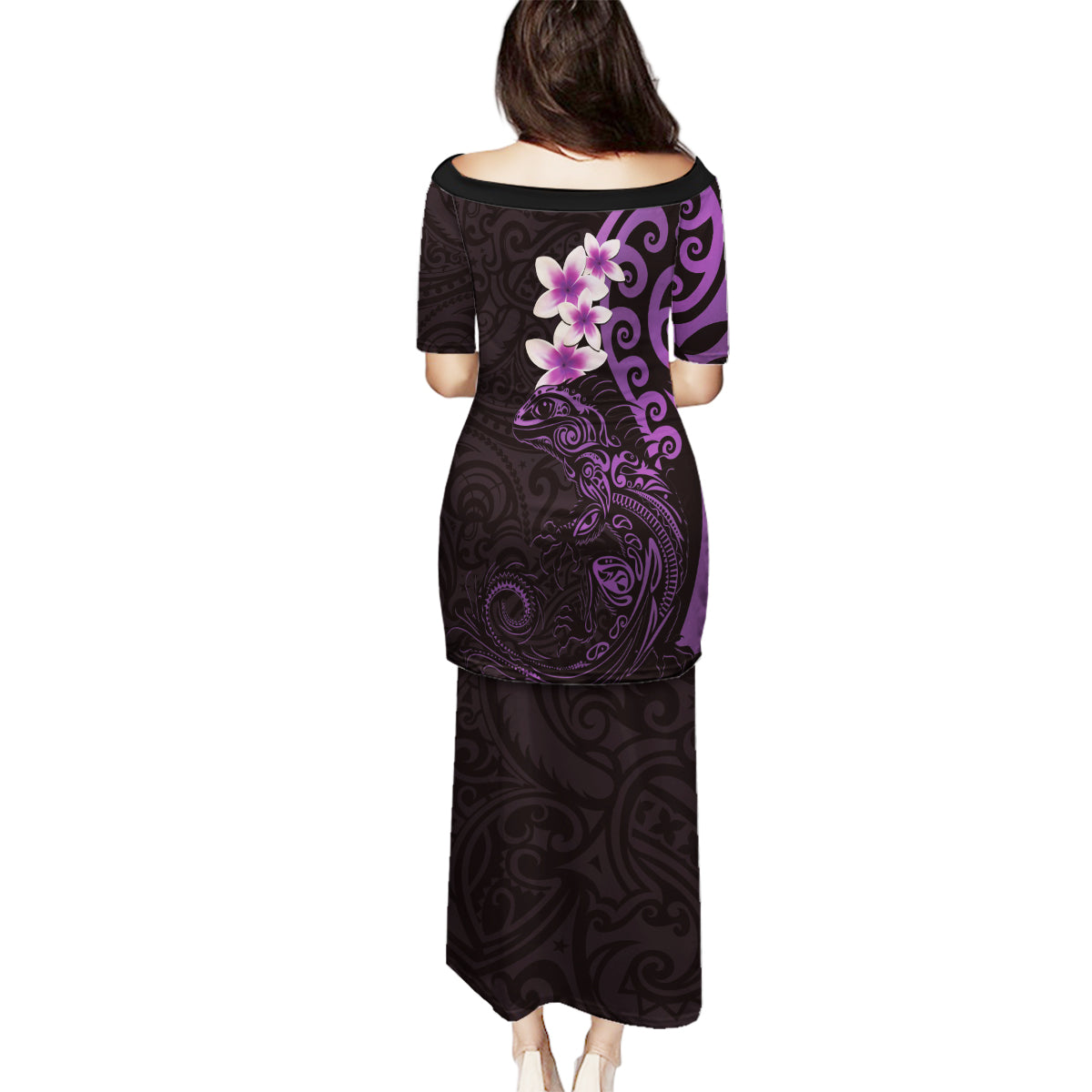 New Zealand Tuatara Plumeria Family Matching Puletasi and Hawaiian Shirt Maori Purple Koru Tribal Tattoo LT01 - Polynesian Pride