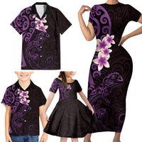 New Zealand Tuatara Plumeria Family Matching Short Sleeve Bodycon Dress and Hawaiian Shirt Maori Purple Koru Tribal Tattoo LT01 - Polynesian Pride