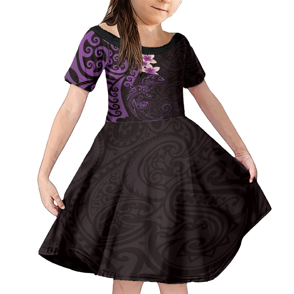 New Zealand Tuatara Plumeria Family Matching Summer Maxi Dress and Hawaiian Shirt Maori Purple Koru Tribal Tattoo LT01 Daughter's Dress Purple - Polynesian Pride