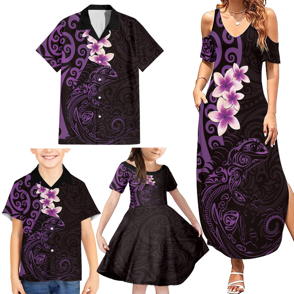 New Zealand Tuatara Plumeria Family Matching Summer Maxi Dress and Hawaiian Shirt Maori Purple Koru Tribal Tattoo LT01 - Polynesian Pride