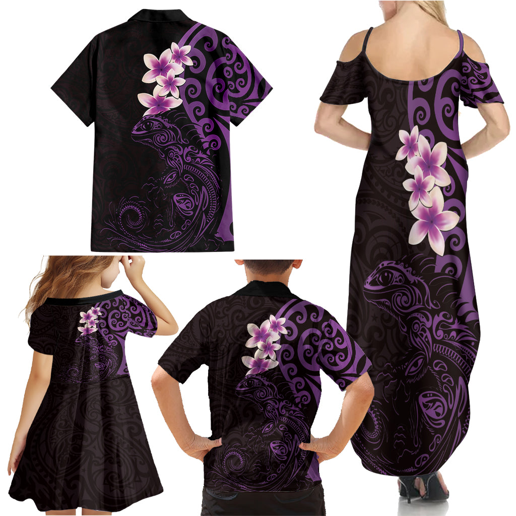 New Zealand Tuatara Plumeria Family Matching Summer Maxi Dress and Hawaiian Shirt Maori Purple Koru Tribal Tattoo LT01 - Polynesian Pride