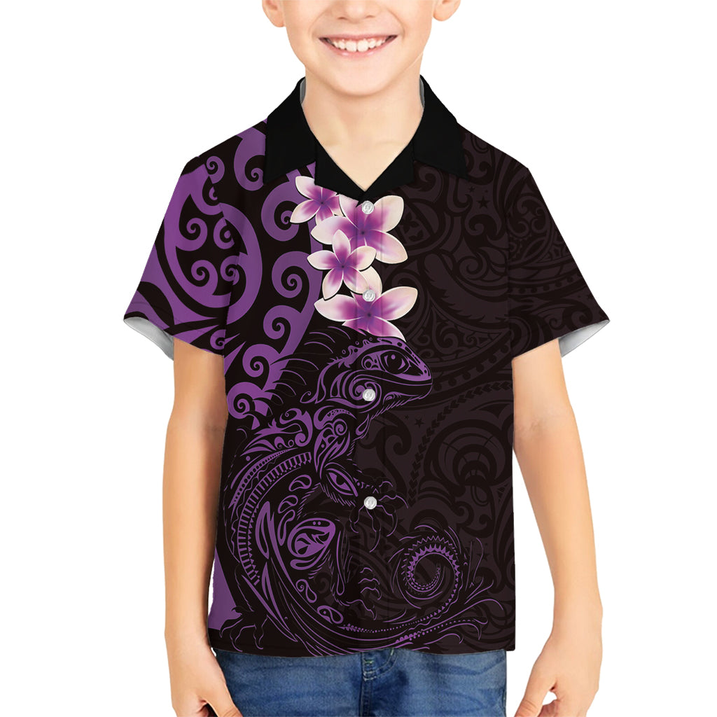 New Zealand Tuatara Plumeria Family Matching Summer Maxi Dress and Hawaiian Shirt Maori Purple Koru Tribal Tattoo LT01 Son's Shirt Purple - Polynesian Pride