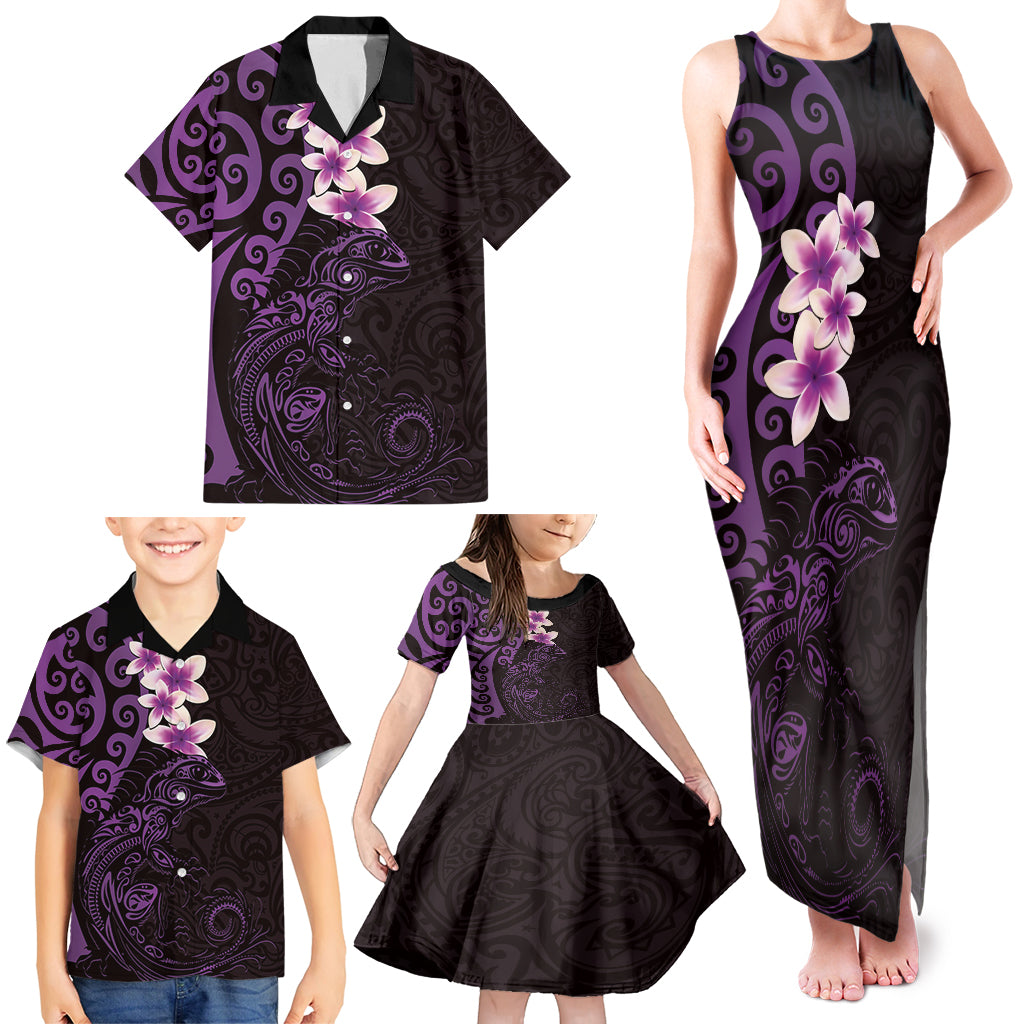 New Zealand Tuatara Plumeria Family Matching Tank Maxi Dress and Hawaiian Shirt Maori Purple Koru Tribal Tattoo LT01 - Polynesian Pride