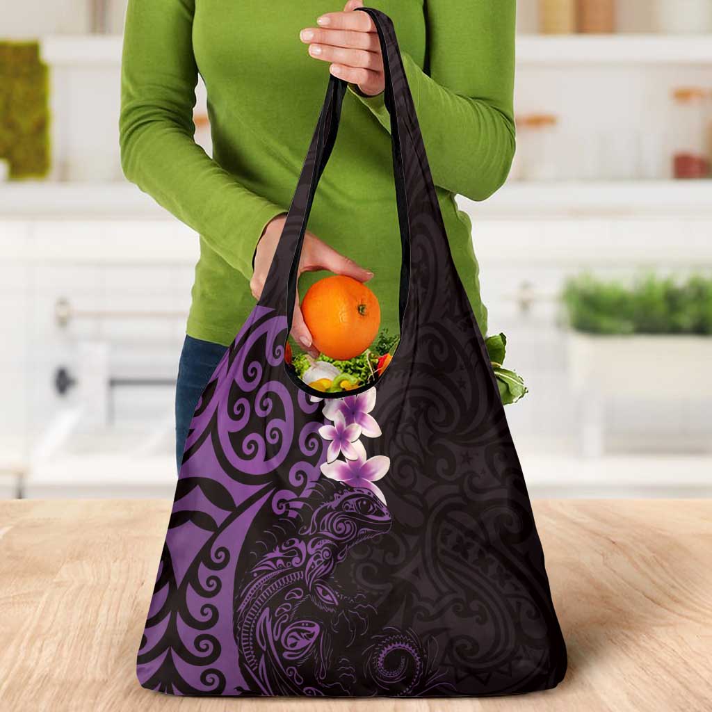 New Zealand Tuatara Plumeria Grocery Bag Maori Purple Koru Tribal Tattoo LT01 - Polynesian Pride