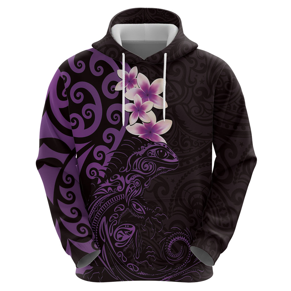 New Zealand Tuatara Plumeria Hoodie Maori Purple Koru Tribal Tattoo LT01 - Polynesian Pride