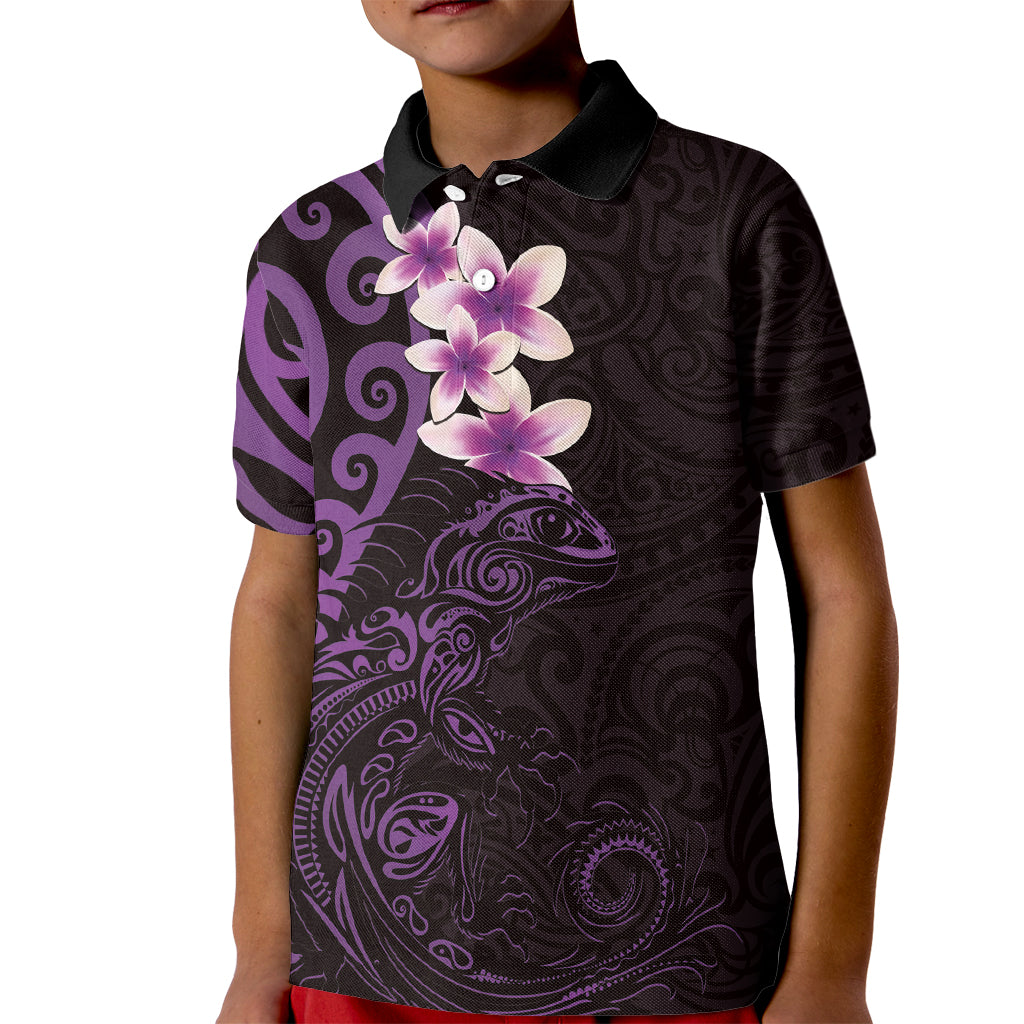 New Zealand Tuatara Plumeria Kid Polo Shirt Maori Purple Koru Tribal Tattoo LT01 Kid Purple - Polynesian Pride
