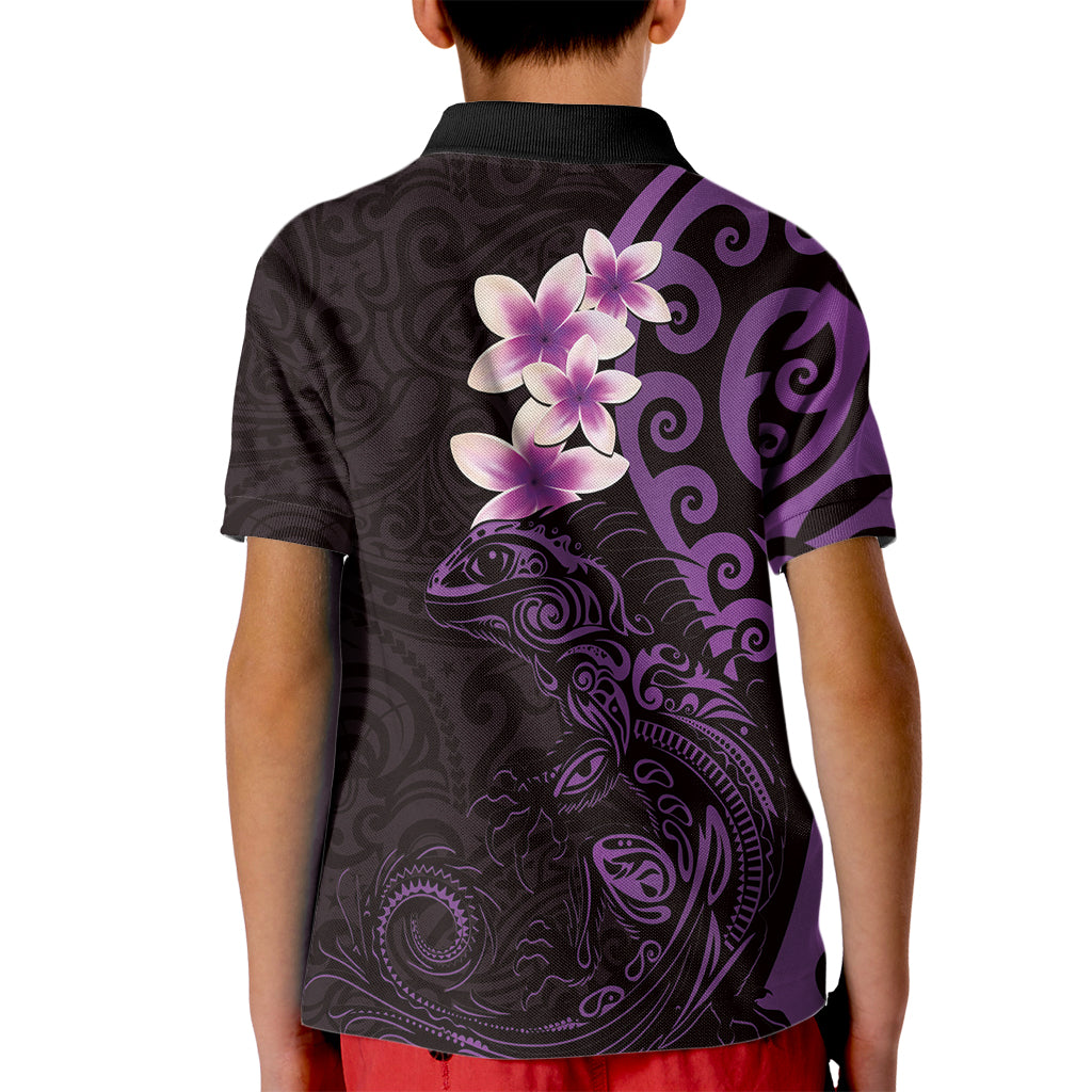 New Zealand Tuatara Plumeria Kid Polo Shirt Maori Purple Koru Tribal Tattoo LT01 - Polynesian Pride
