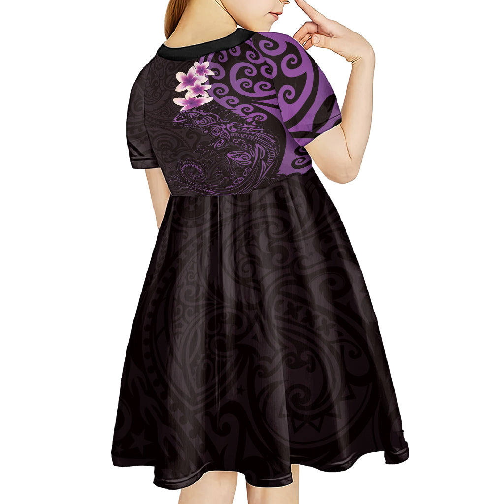 New Zealand Tuatara Plumeria Kid Short Sleeve Dress Maori Purple Koru Tribal Tattoo LT01 - Polynesian Pride