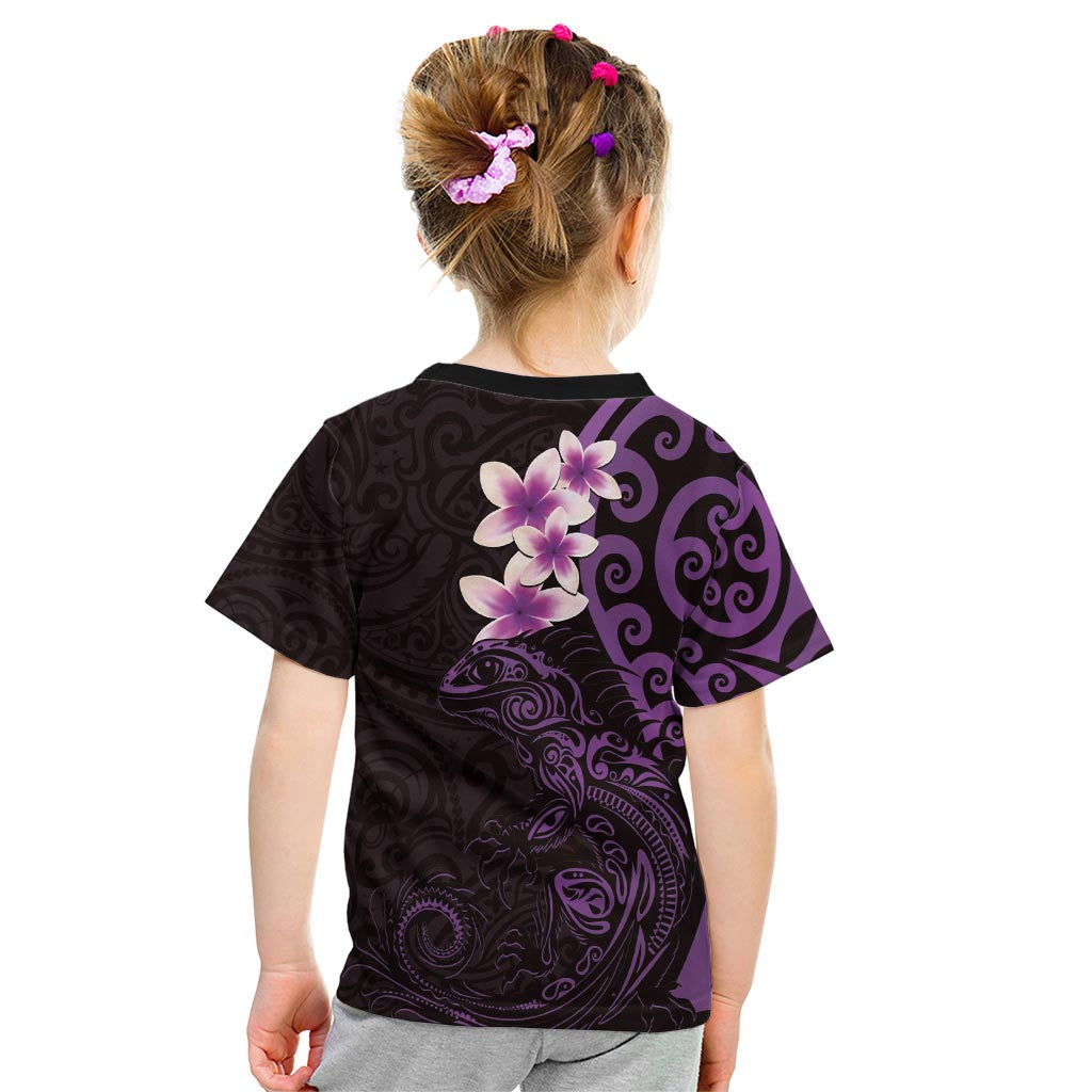 New Zealand Tuatara Plumeria Kid T Shirt Maori Purple Koru Tribal Tattoo LT01 - Polynesian Pride