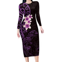 New Zealand Tuatara Plumeria Long Sleeve Bodycon Dress Maori Purple Koru Tribal Tattoo LT01 Long Dress Purple - Polynesian Pride