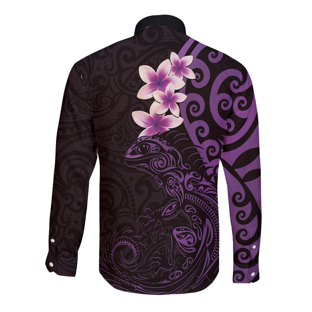New Zealand Tuatara Plumeria Long Sleeve Button Shirt Maori Purple Koru Tribal Tattoo LT01 - Polynesian Pride