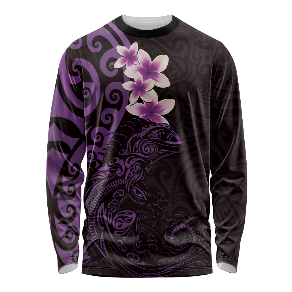 New Zealand Tuatara Plumeria Long Sleeve Shirt Maori Purple Koru Tribal Tattoo LT01 Unisex Purple - Polynesian Pride