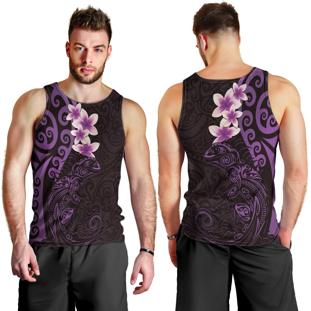 New Zealand Tuatara Plumeria Men Tank Top Maori Purple Koru Tribal Tattoo LT01 - Polynesian Pride