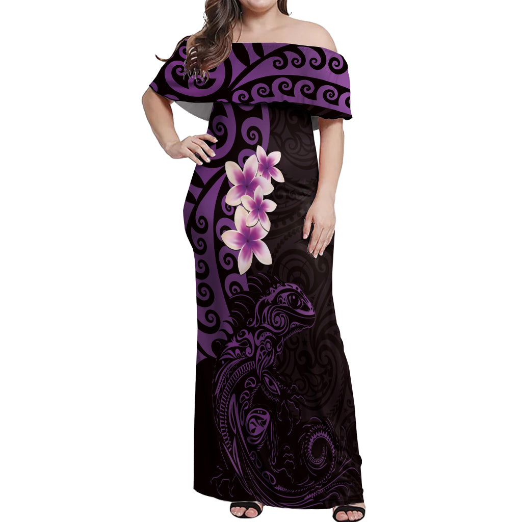 New Zealand Tuatara Plumeria Off Shoulder Maxi Dress Maori Purple Koru Tribal Tattoo LT01 Women Purple - Polynesian Pride