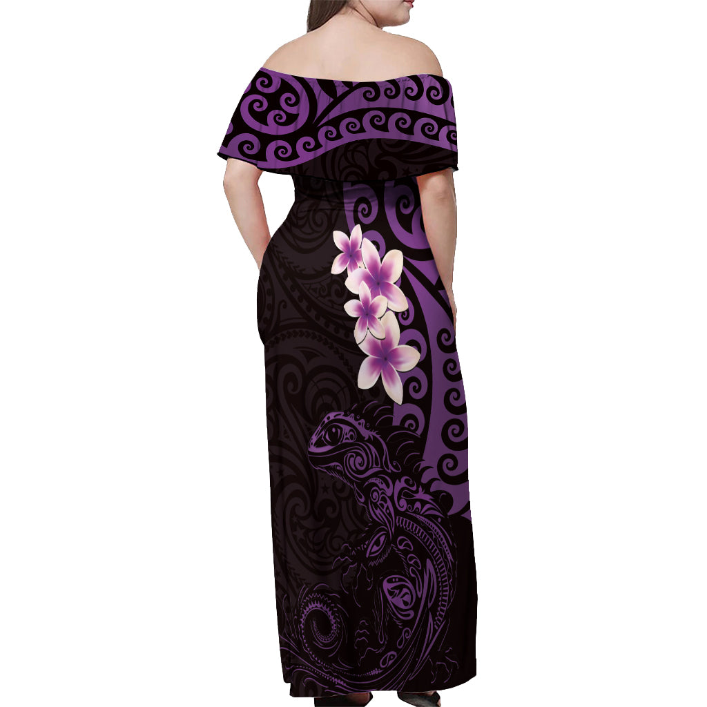 New Zealand Tuatara Plumeria Off Shoulder Maxi Dress Maori Purple Koru Tribal Tattoo LT01 - Polynesian Pride