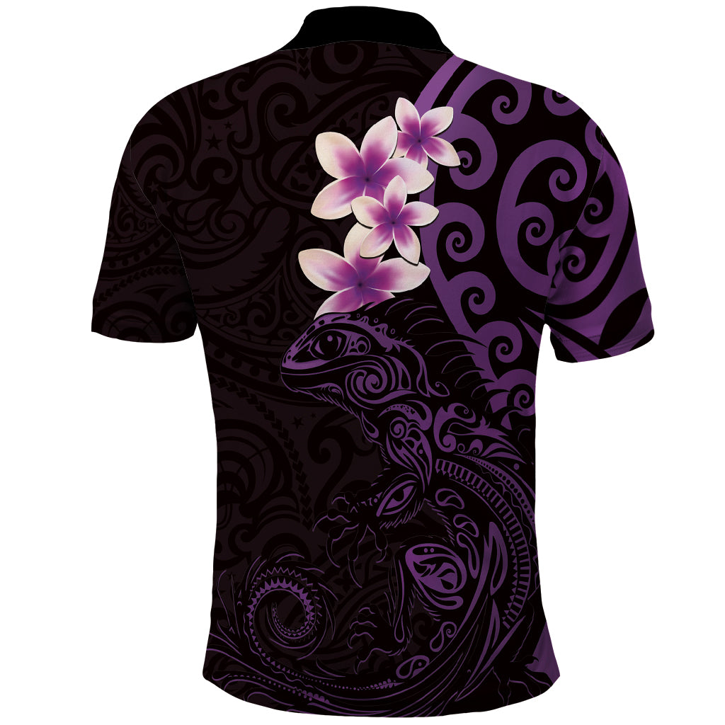 New Zealand Tuatara Plumeria Polo Shirt Maori Purple Koru Tribal Tattoo LT01 - Polynesian Pride