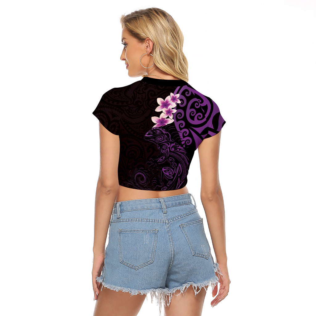 New Zealand Tuatara Plumeria Raglan Cropped T Shirt Maori Purple Koru Tribal Tattoo LT01 - Polynesian Pride