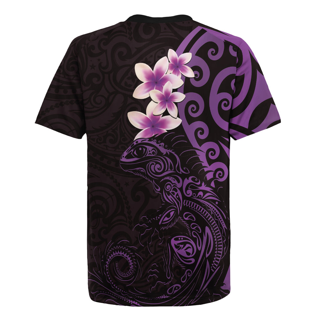 New Zealand Tuatara Plumeria Rugby Jersey Maori Purple Koru Tribal Tattoo LT01 - Polynesian Pride