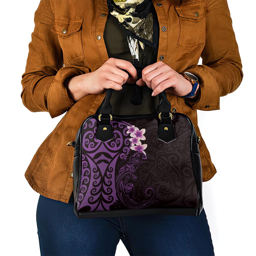 New Zealand Tuatara Plumeria Shoulder Handbag Maori Purple Koru Tribal Tattoo LT01 - Polynesian Pride