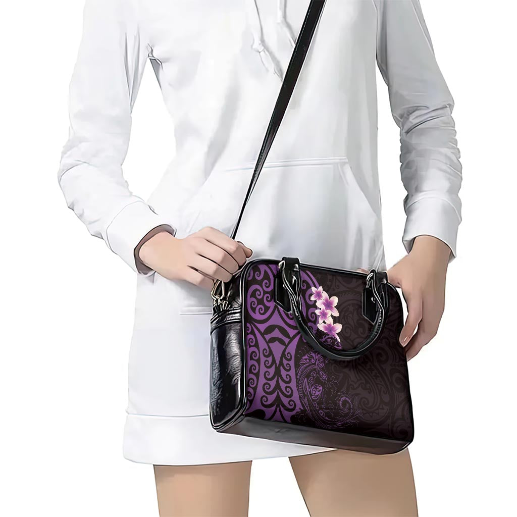 New Zealand Tuatara Plumeria Shoulder Handbag Maori Purple Koru Tribal Tattoo LT01 - Polynesian Pride