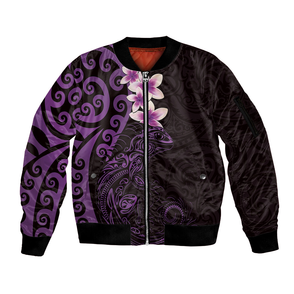 New Zealand Tuatara Plumeria Sleeve Zip Bomber Jacket Maori Purple Koru Tribal Tattoo LT01 Unisex Purple - Polynesian Pride