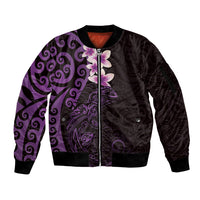 New Zealand Tuatara Plumeria Sleeve Zip Bomber Jacket Maori Purple Koru Tribal Tattoo LT01 Unisex Purple - Polynesian Pride