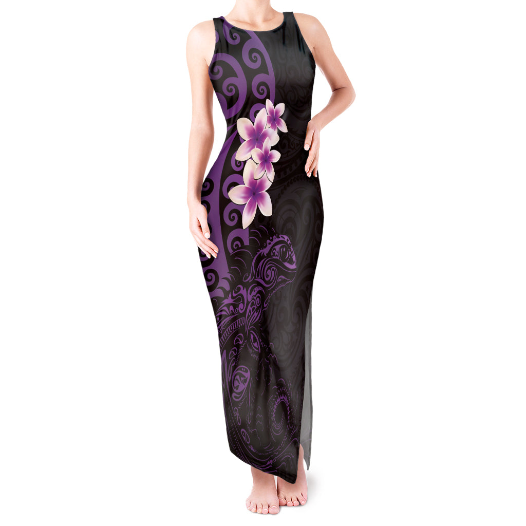 New Zealand Tuatara Plumeria Tank Maxi Dress Maori Purple Koru Tribal Tattoo LT01 Women Purple - Polynesian Pride
