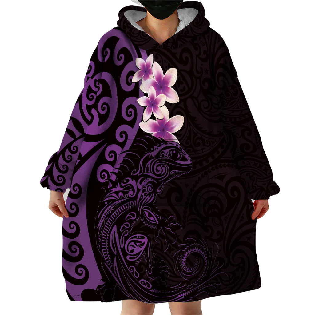 New Zealand Tuatara Plumeria Wearable Blanket Hoodie Maori Purple Koru Tribal Tattoo LT01 - Polynesian Pride