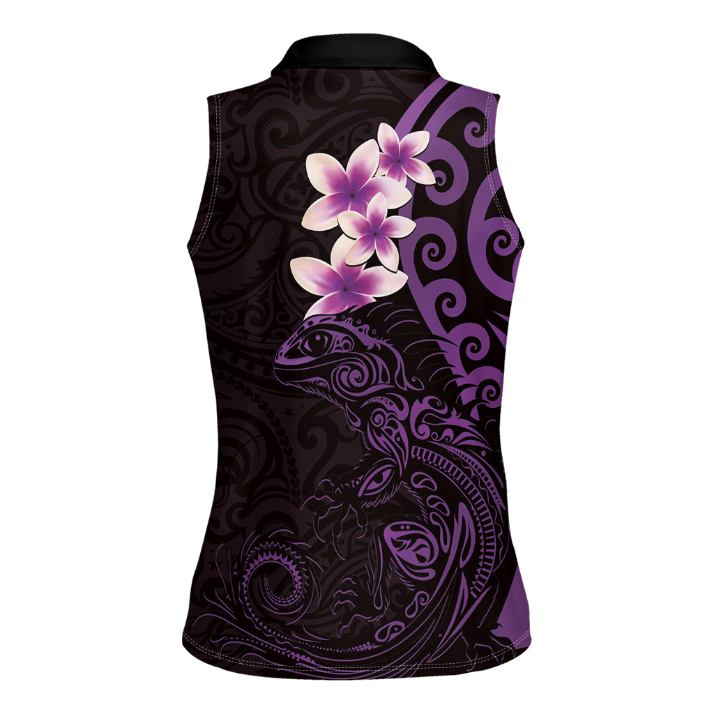 New Zealand Tuatara Plumeria Women Sleeveless Polo Shirt Maori Purple Koru Tribal Tattoo LT01 - Polynesian Pride