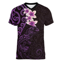 New Zealand Tuatara Plumeria Women V-Neck T-Shirt Maori Purple Koru Tribal Tattoo LT01 Female Purple - Polynesian Pride