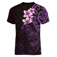 New Zealand Tuatara Plumeria Women V-Neck T-Shirt Maori Purple Koru Tribal Tattoo LT01 - Polynesian Pride
