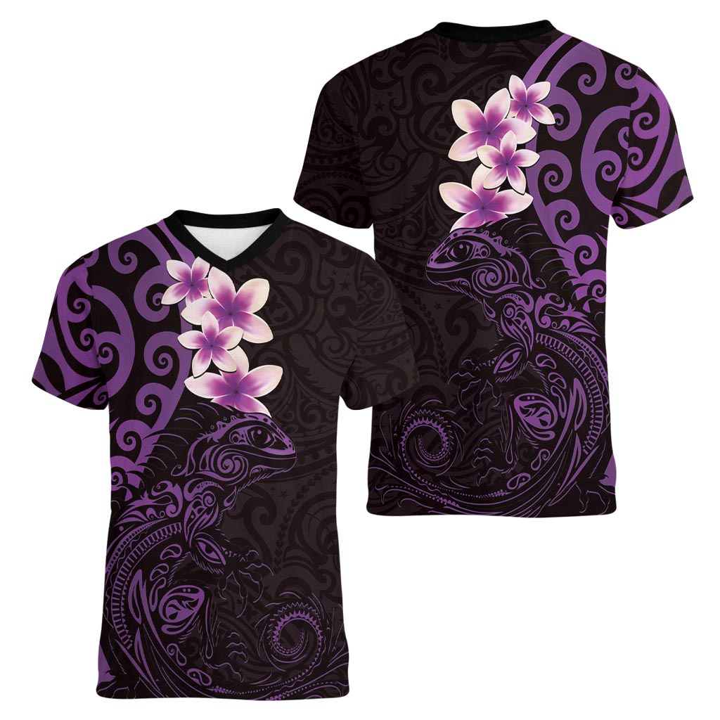 New Zealand Tuatara Plumeria Women V-Neck T-Shirt Maori Purple Koru Tribal Tattoo LT01 - Polynesian Pride