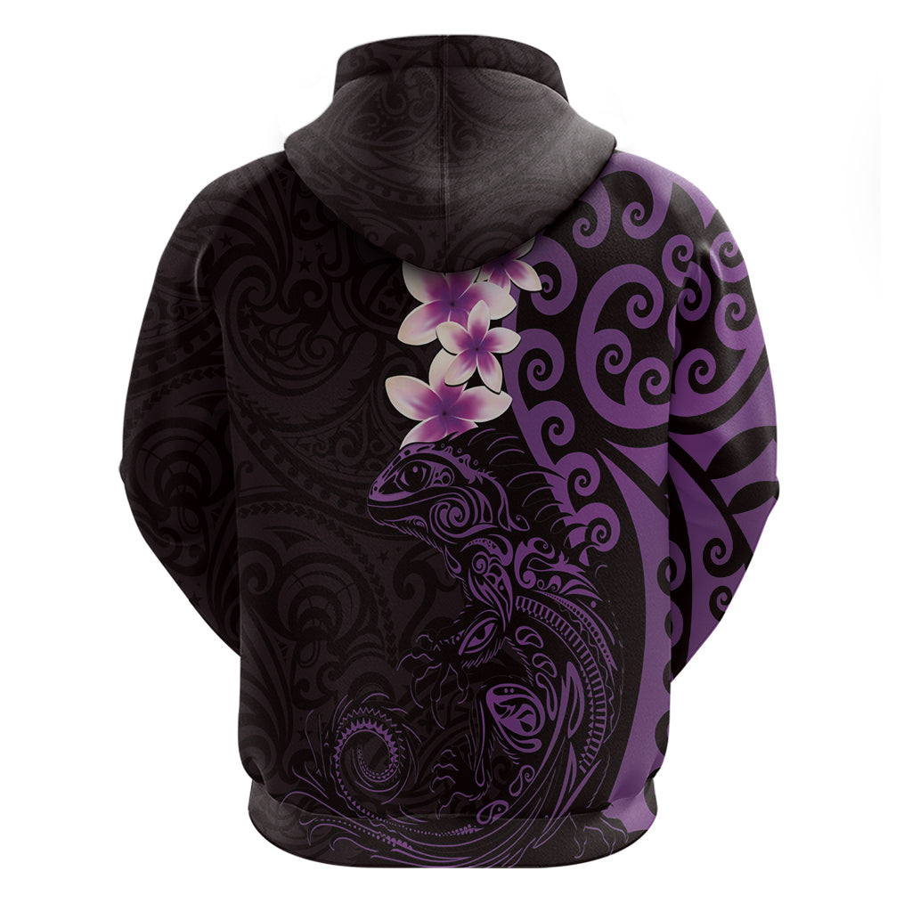 New Zealand Tuatara Plumeria Zip Hoodie Maori Purple Koru Tribal Tattoo LT01 - Polynesian Pride