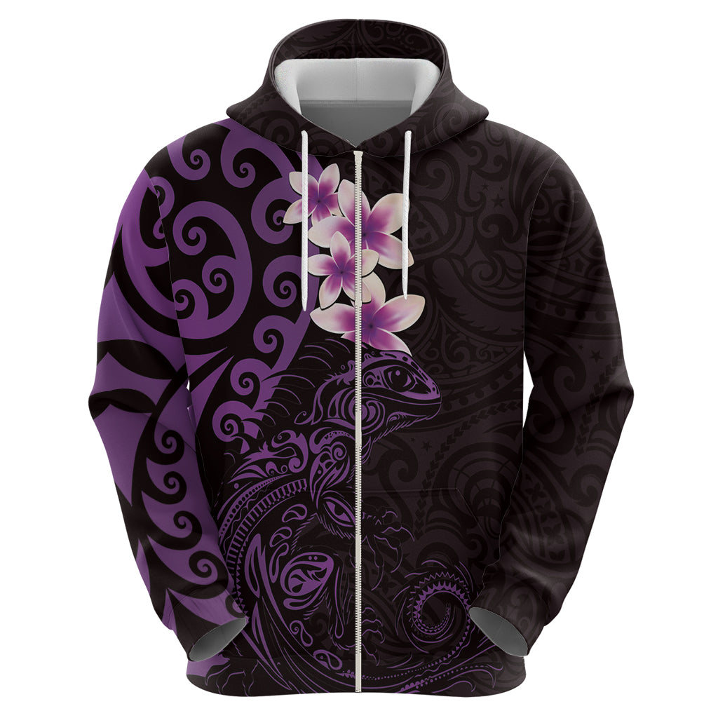 New Zealand Tuatara Plumeria Zip Hoodie Maori Purple Koru Tribal Tattoo LT01 - Polynesian Pride