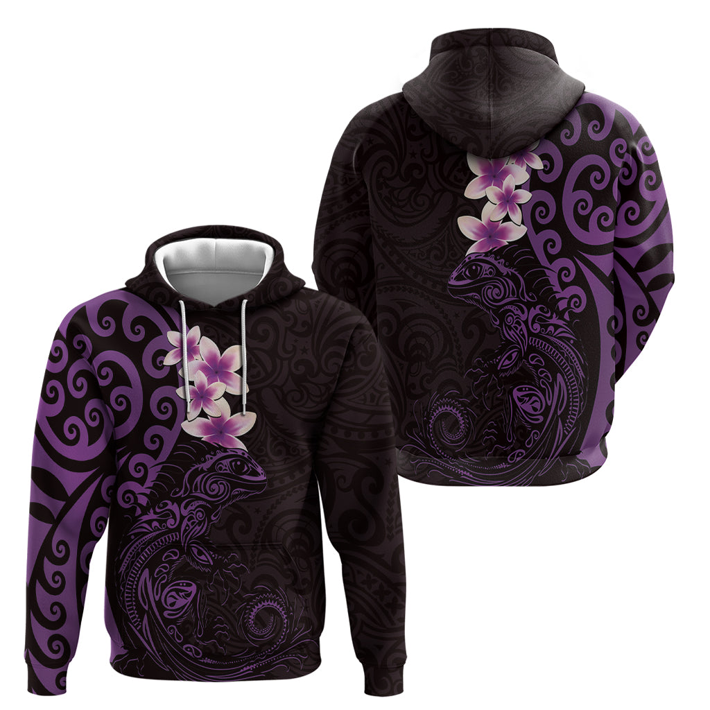 New Zealand Tuatara Plumeria Zip Hoodie Maori Purple Koru Tribal Tattoo LT01 - Polynesian Pride