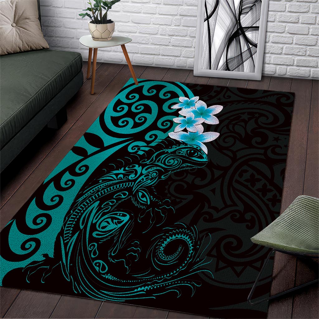 New Zealand Tuatara Plumeria Area Rug Maori Teal Koru Tribal Tattoo LT01 Teal - Polynesian Pride