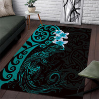 New Zealand Tuatara Plumeria Area Rug Maori Teal Koru Tribal Tattoo LT01 Teal - Polynesian Pride